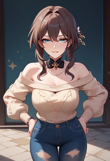 star rail,ruan mei,sweater,off-shoulder,ripped jeans  - AI generated anime art